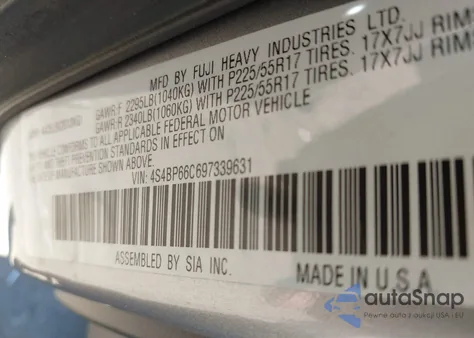 2009 Subaru Outback 2.5I Limited from USA, damaged, VIN 4S4BP66C697339631